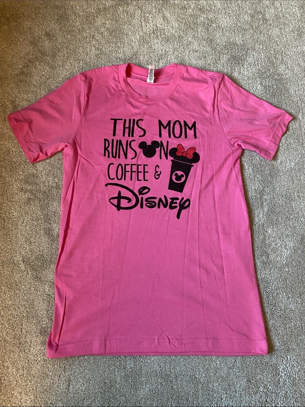 Bella Canvas S Disney Pink "This Mom Runs on Coffee & Disney" Graphic Tee